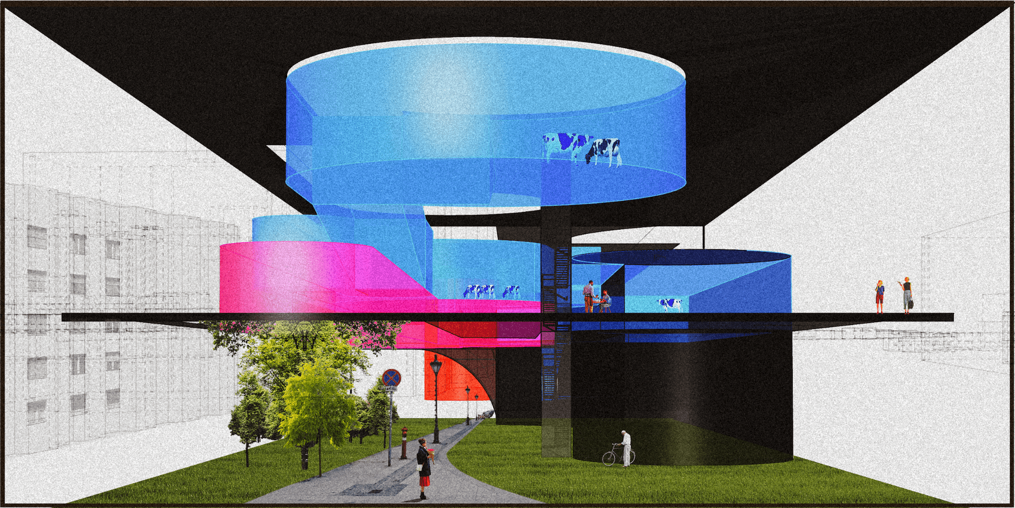 student work sample, back building with colorful roofs