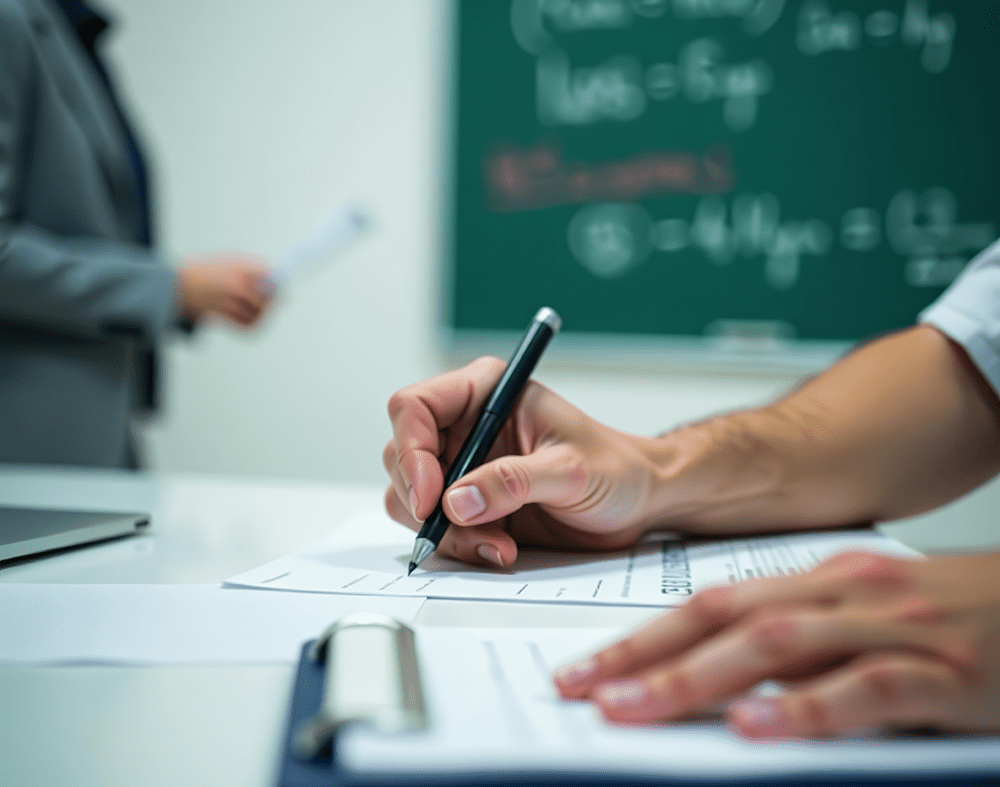 Close-up of hands writing financial equations on whiteboard in economics class, schoolwork, lesson By Surangkanang