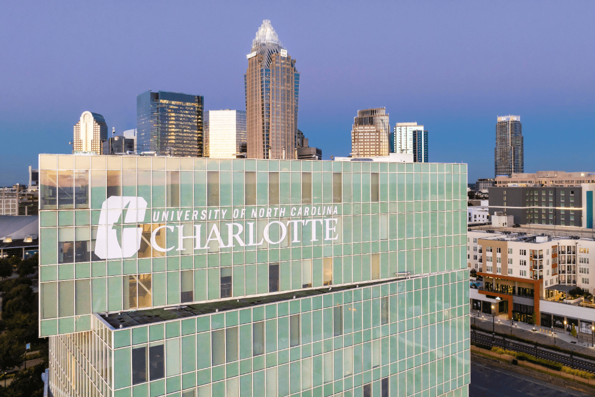 The Dubois Center at UNC Charlotte Center City with Skyline View and Uptown Behind the building