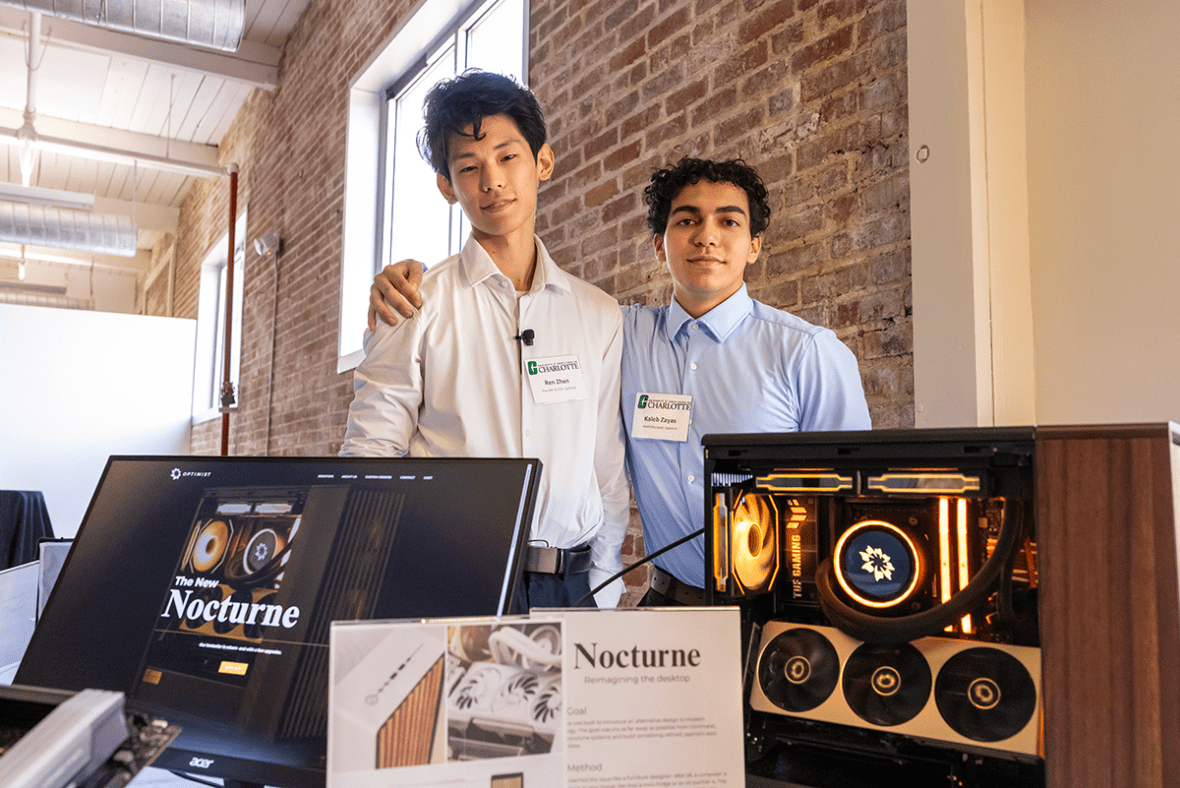 UNC Charlotte students Ren Zhen (founder and CEO) and Kaleb Zayas (assembly lead) of Optimist t CO-LAB