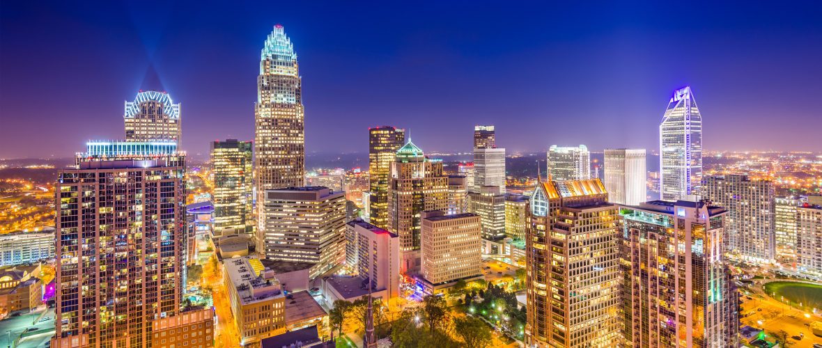 Charlotte, North Carolina, USA uptown skyline at night.